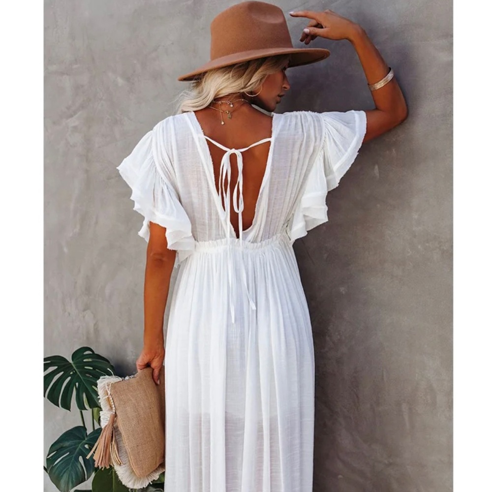 Elegant Amelia Beach Dress Swimsuit Cover-Up in White Oversized OSFM - Picture 7 of 12
